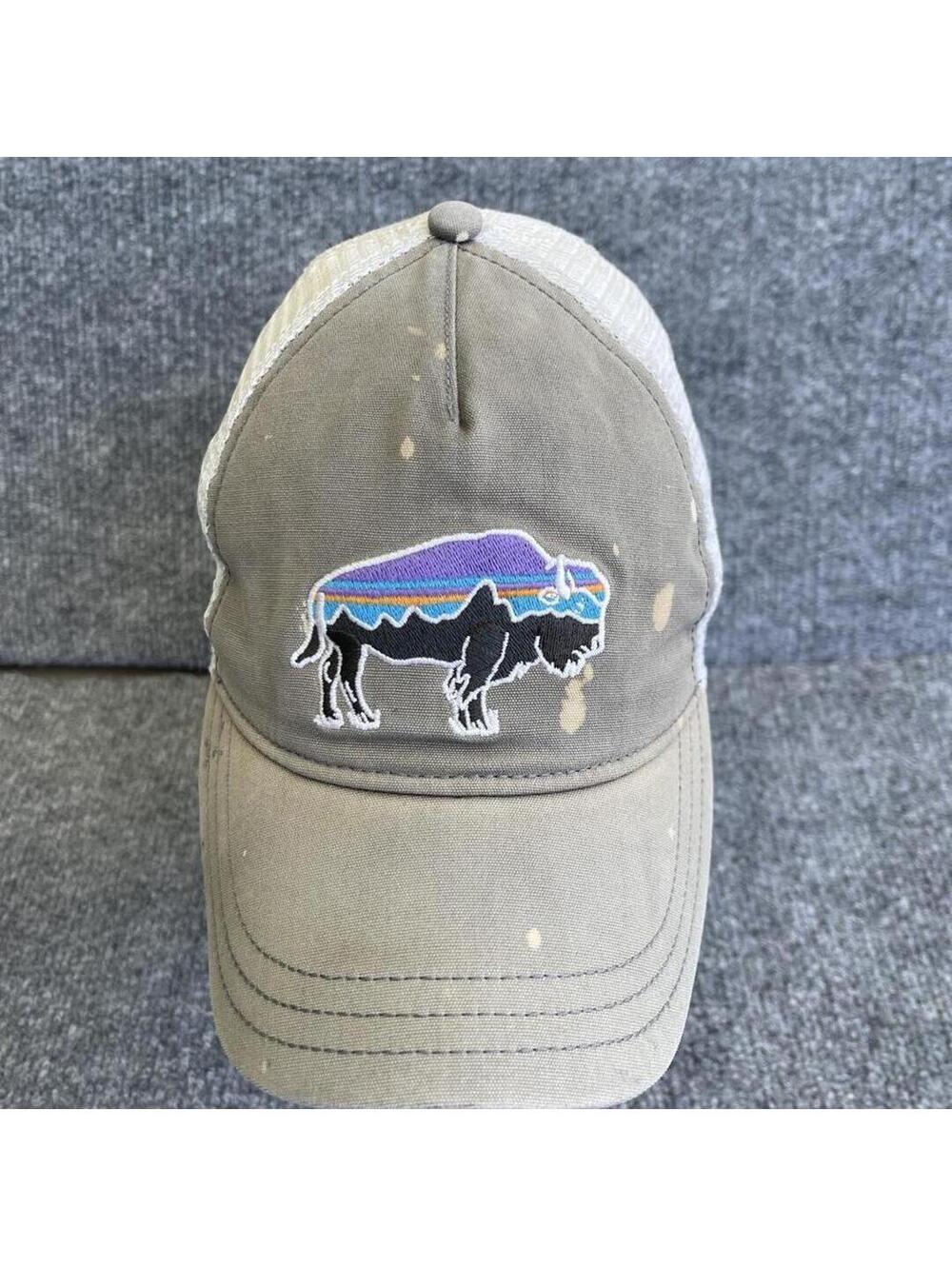 Patagonia Buffalo Trucker Cap Black bison with purple, blue, and orange stripes
